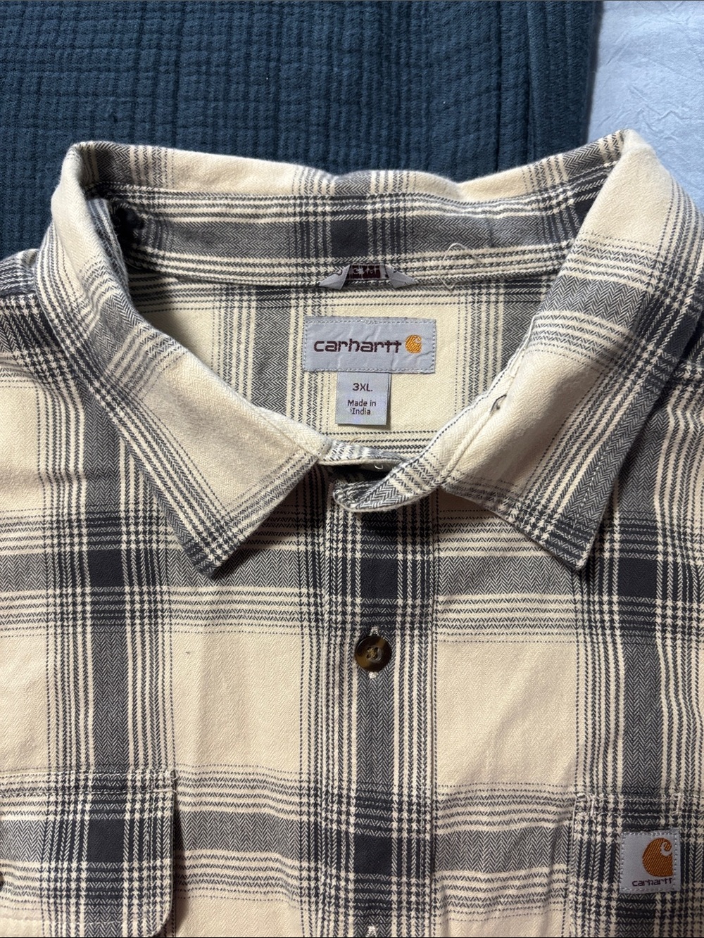 Carhartt Men's Cream and Black Plaid Heavy Duty Button-Down Shirt
